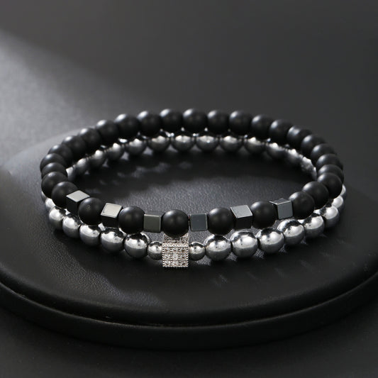 Ethnic 8mm Matte Hematite and Brass Square Bracelet with Cubic Zirconia Inlay for Unisex
