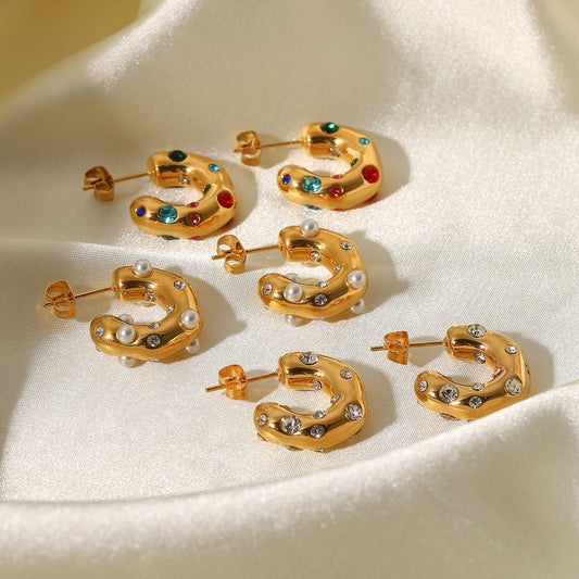 INS Style Geometric Hammered Texture C-Shaped Hoop Earrings with Zircon and Pearl Inlay in 18K Gold Plated Stainless Steel for Women