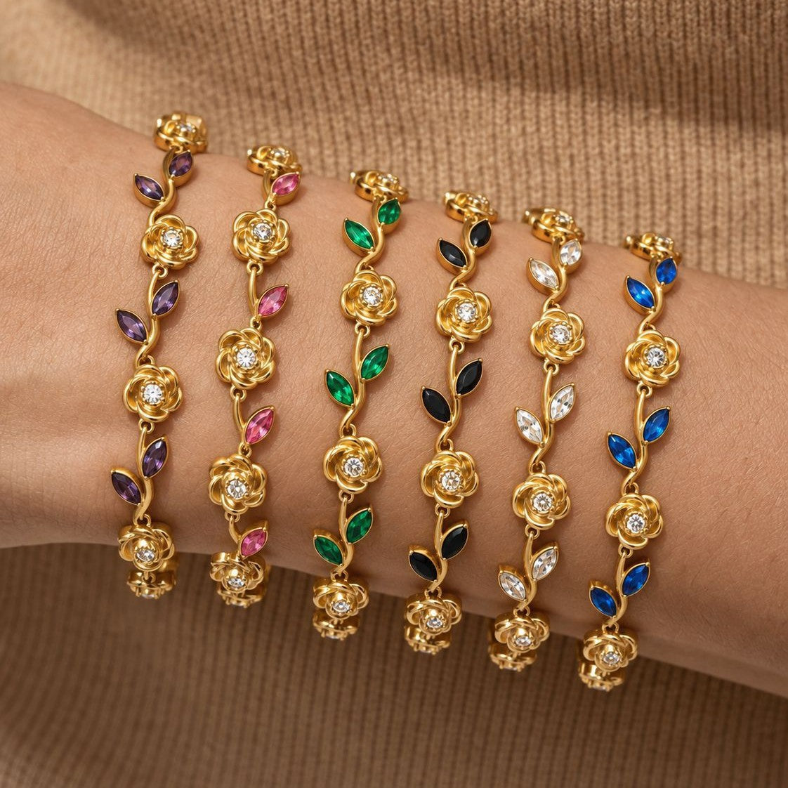 Luxury Elegant Rose Flower Teardrop Shape PVD 18K Gold Plated Stainless Steel Rhinestone Bracelet for Women