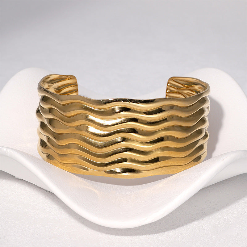 Minimalist 18K Gold Plated Stainless Steel Wavy Surface Open Cuff Bracelet