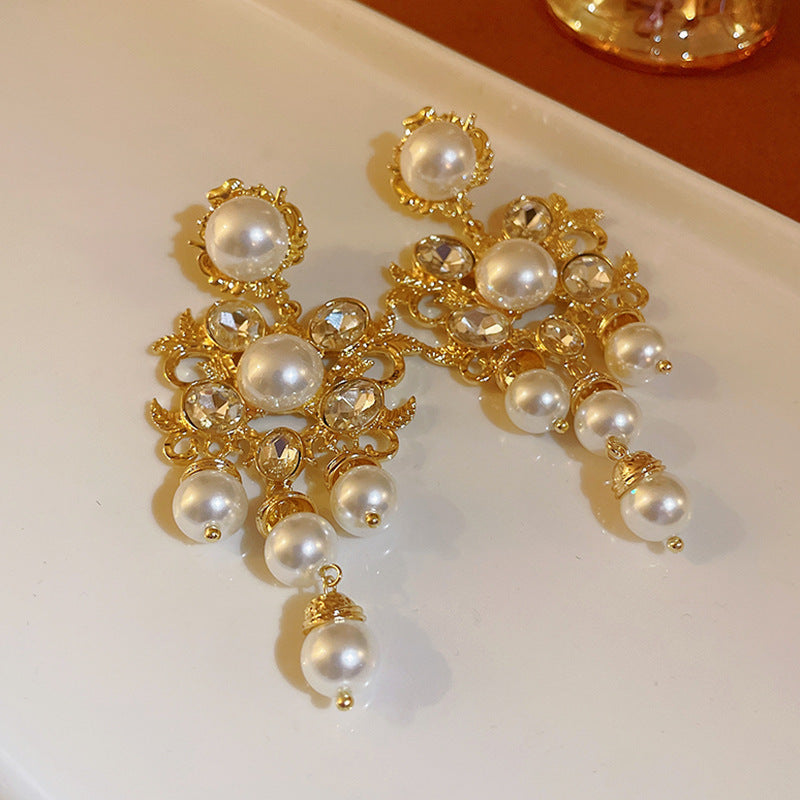 Eleganti Orecchini a Perno da Donna in Stile Francese Vintage con Zirconi Geometrici e Perle Imitazione
