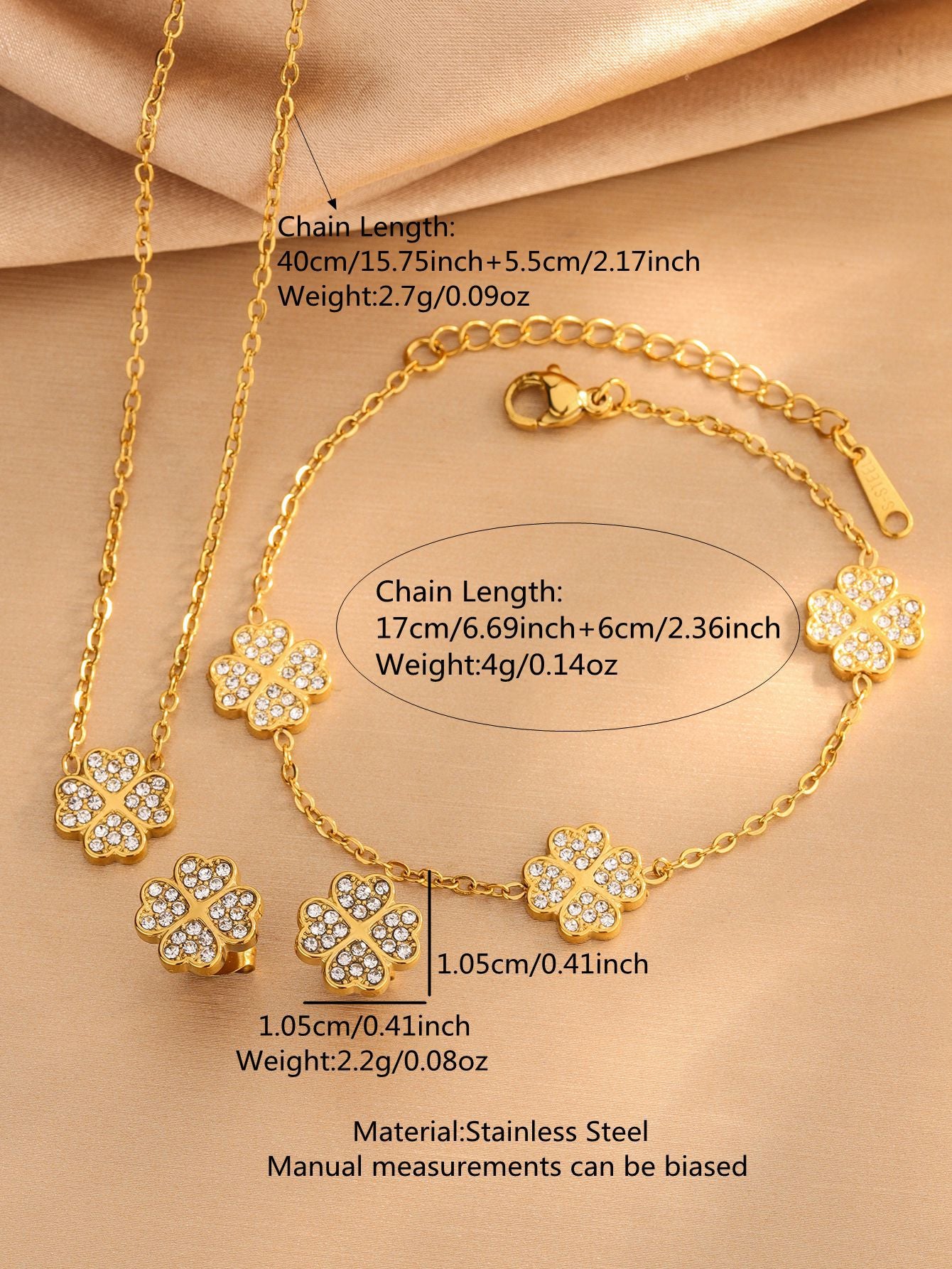 Elegant Four-Leaf Clover Rhinestone Inlay Stainless Steel Necklace Bracelet Earring Set for Women
