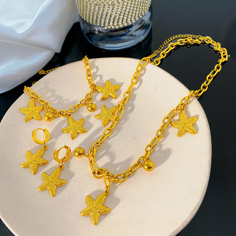 Sweet Streetwear Starfish Round Titanium Steel Plated Necklace Bracelet Earring Set with Cuban Link Chain