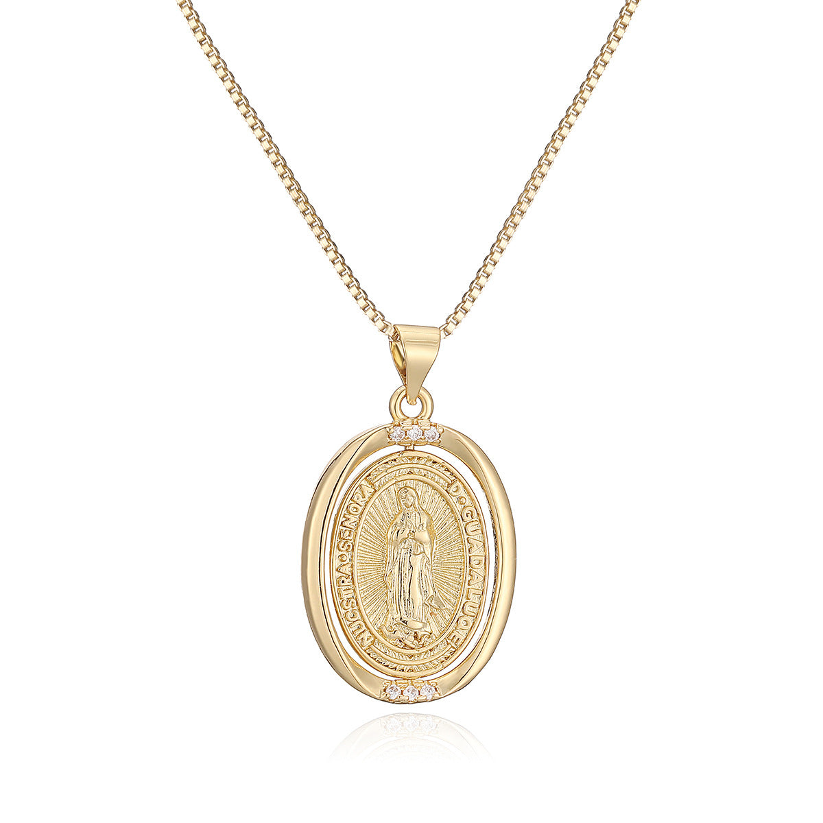 Vintage Minimalist Geometric Brass Gold Plated Cubic Zirconia Virgin Mary Pendant Necklace