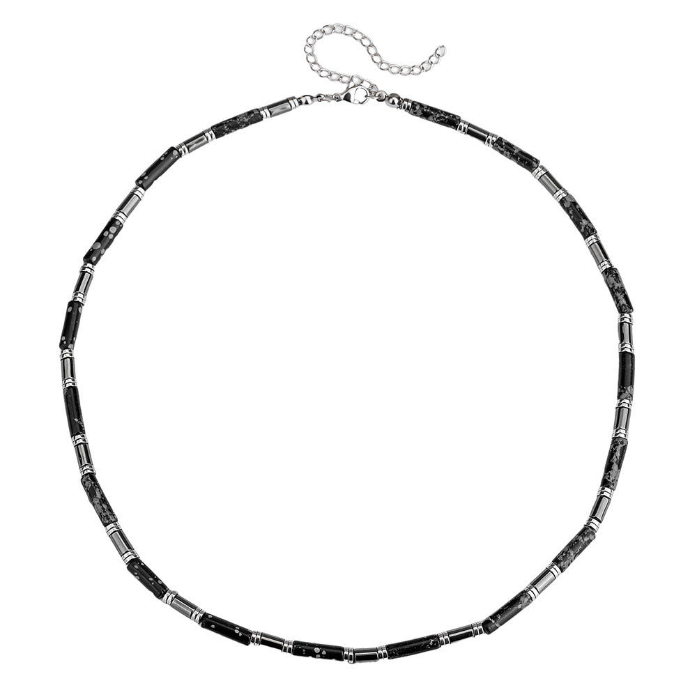 Geometric Round Stainless Steel Hematite Agate Beaded Necklace Cable Chain Unisex