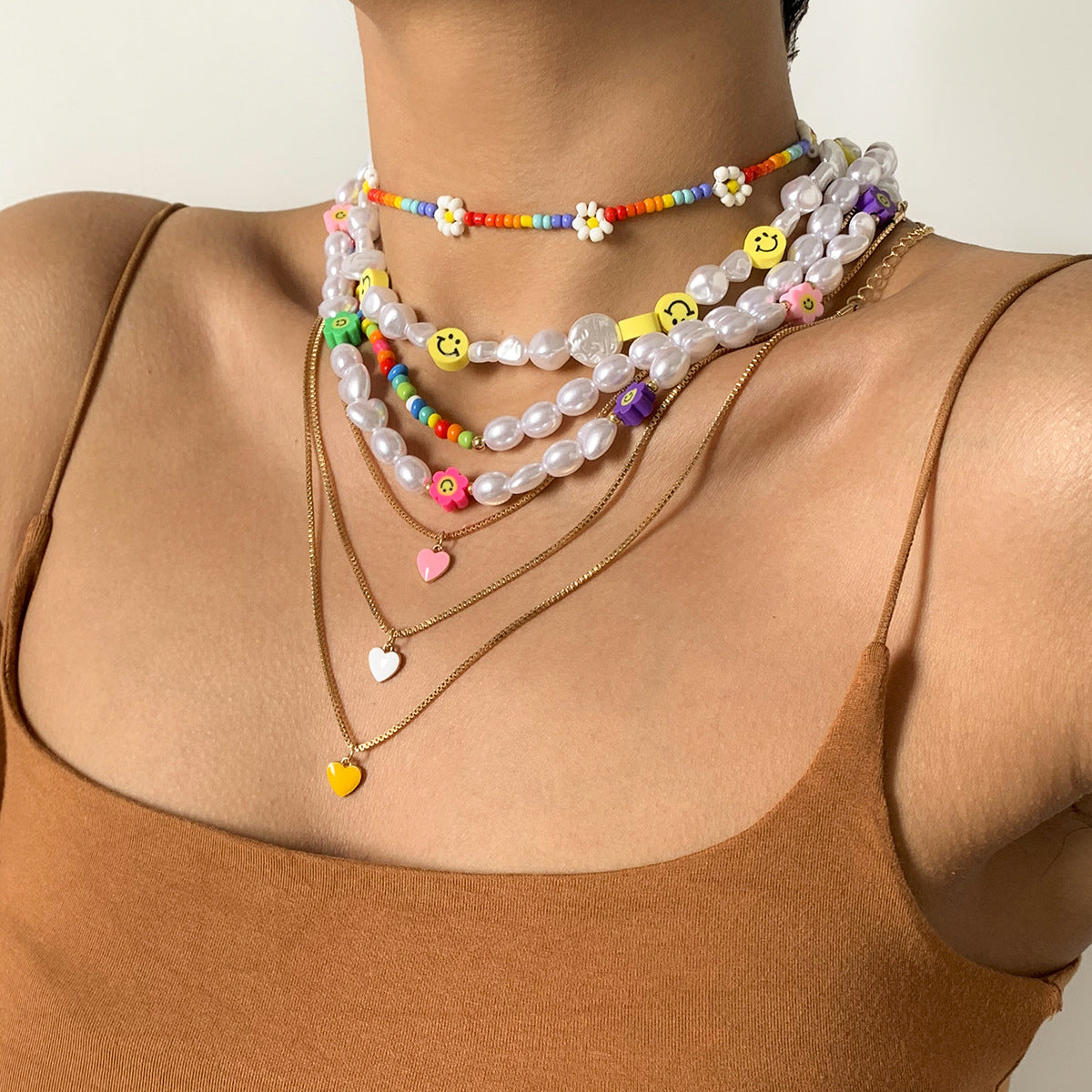 Minimalist Drip Oil Heart Pendant Floral Beaded Ball Chain Necklace for Women