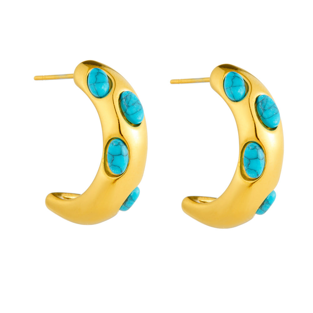 Vintage Elegant Micro-Inlaid Turquoise Geometric Round Stud Earrings Stainless Steel