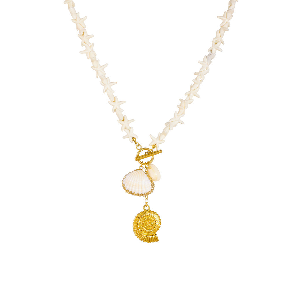 Bohemian Gold Plated Stainless Steel Star Shell Beaded OT Clasp Necklace for Women