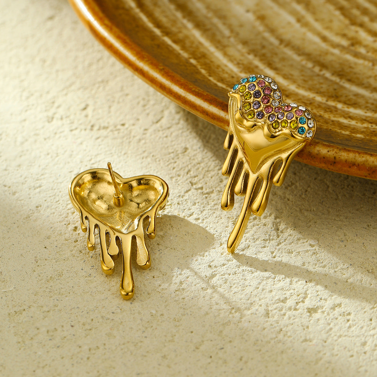 Luxury Style Heart and Teardrop Shaped Titanium Steel Earrings with Rhinestone Inlay and Plated Finish