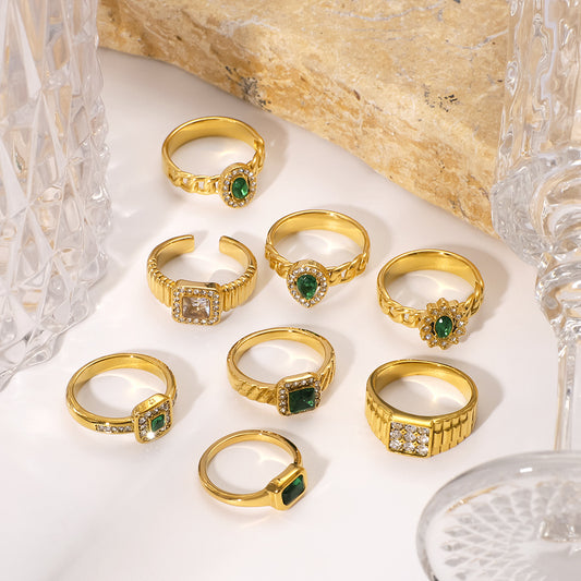 Minimalist Geometric Stainless Steel Ring with Rhinestone Inlay and 18K Vacuum Plating for Women