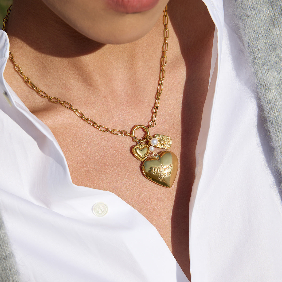 Collana Pendente a Cuore Casual in Acciaio Inossidabile con Finitura Placcata da Donna