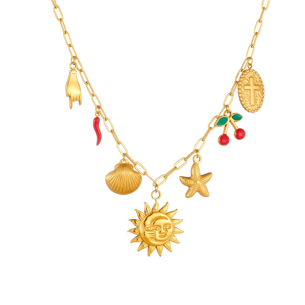 Streetwear Stainless Steel Plated Face Sun Chili Pepper Starfish Shell Cross Pendant Box Chain Necklace for Women