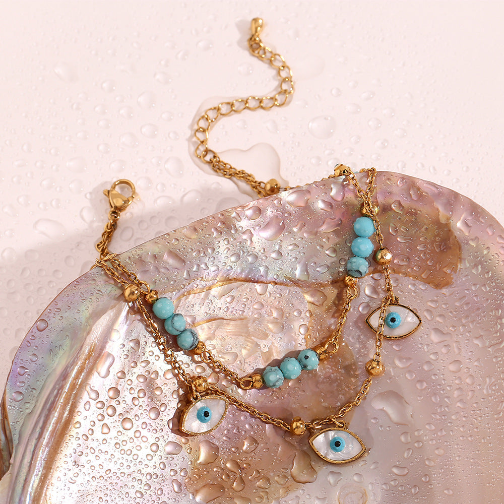 Fashion Geometric Stainless Steel Anklet with 18K Gold Plating, White Abalone Shell Eyes and Blue Turquoise Accents