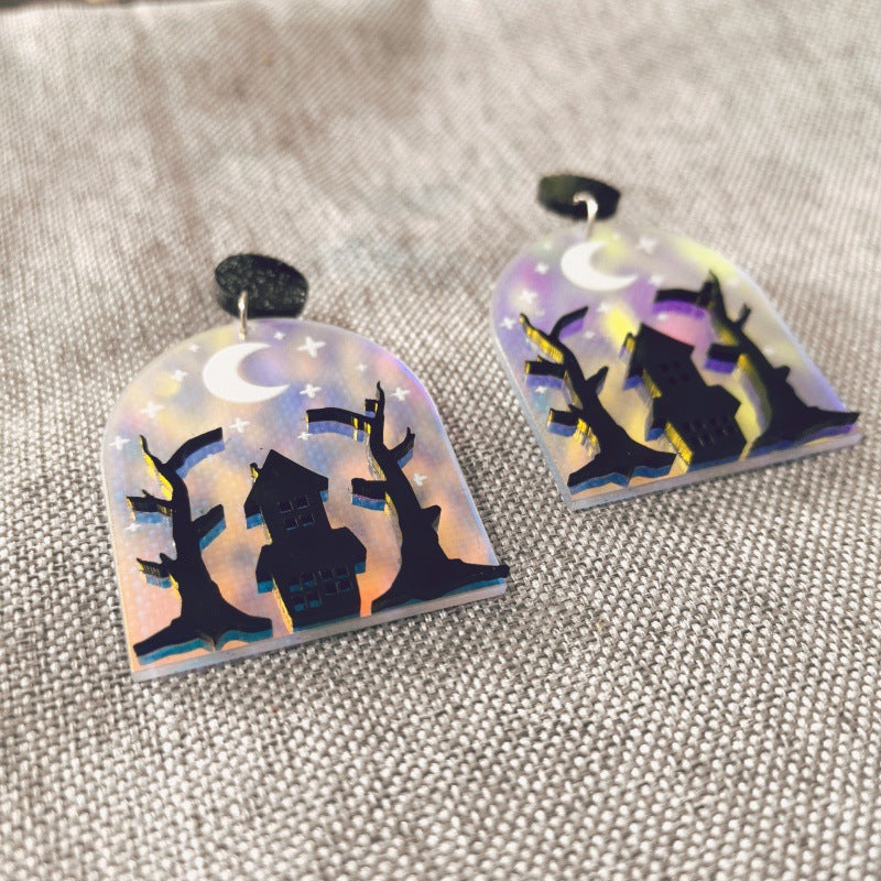 Pendientes de acrílico con diseño de casa de terror, árbol, luna y estrella, estilo dibujo animado, para Halloween