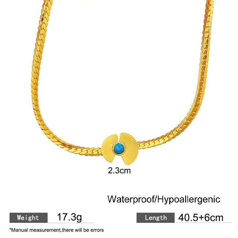 Vintage Geometric Fan Shape Titanium Steel Plated Snake Rope Chain Necklace with Cubic Zirconia