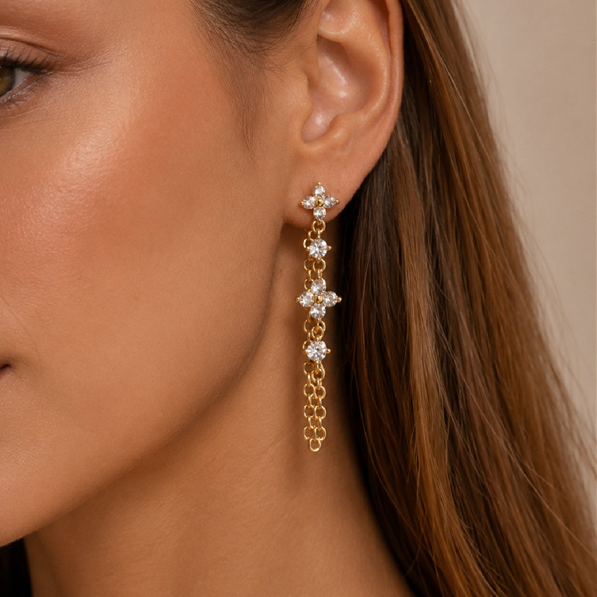 Elegant Gold Plated Brass Floral Rhinestone Drop Earrings for Women