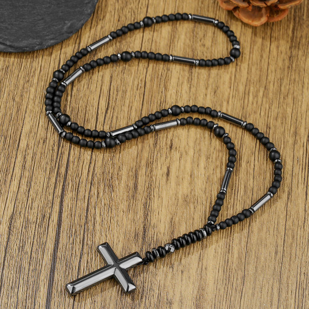 Men's Cross Pendant Necklace with Stone Beads and Alloy Cross Charm