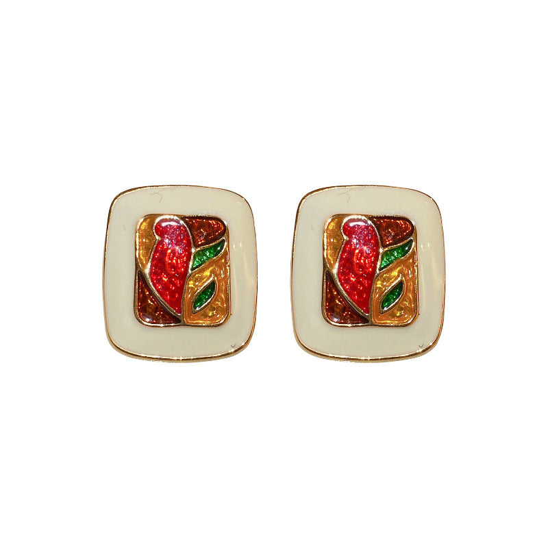 Vintage Art-Inspired Enamel Square Stud Earrings for Women with Stainless Steel Posts