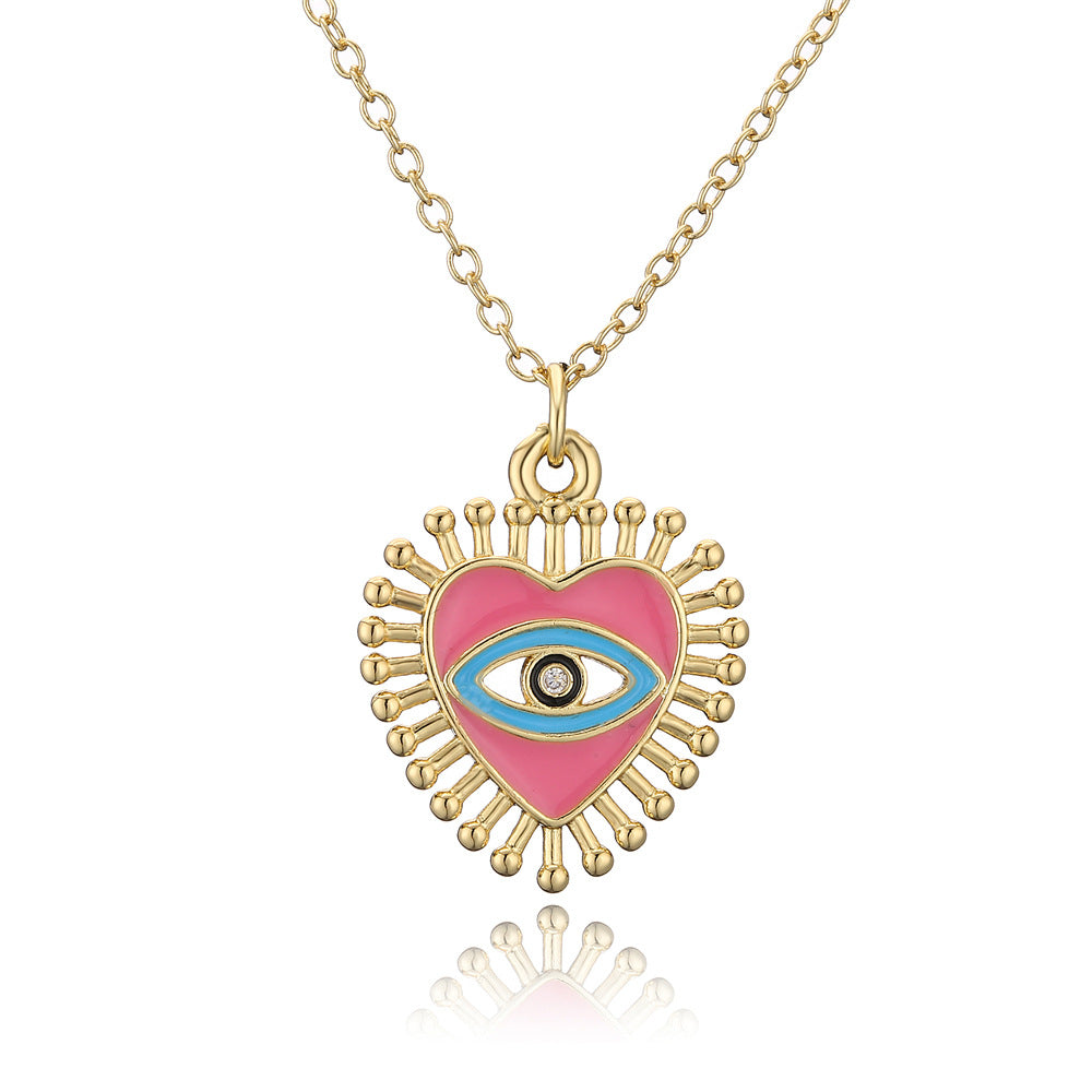 Drip Oil Heart Geometric Cubic Zirconia Inlay Brass Pendant Necklace with Cable Chain