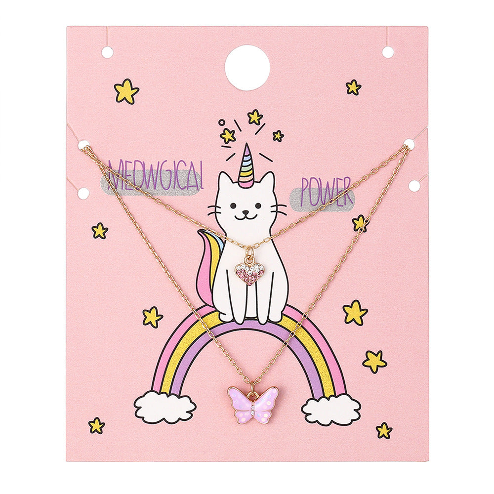 Dulce Collar de Mariposa Floral Estrella Corazón para Niñas, Cadena de Aleación con Acabado Esmaltado, Joyería de Verano Multicapa