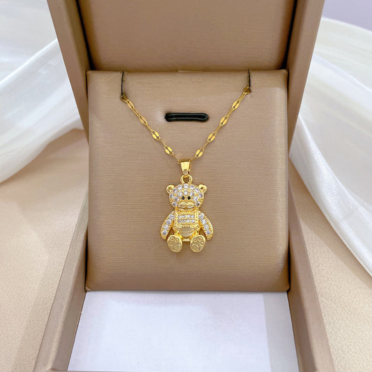 Collana con ciondolo a orso minimalista in acciaio inossidabile con intarsio in strass, delicata catena clavicola per donne e uomini