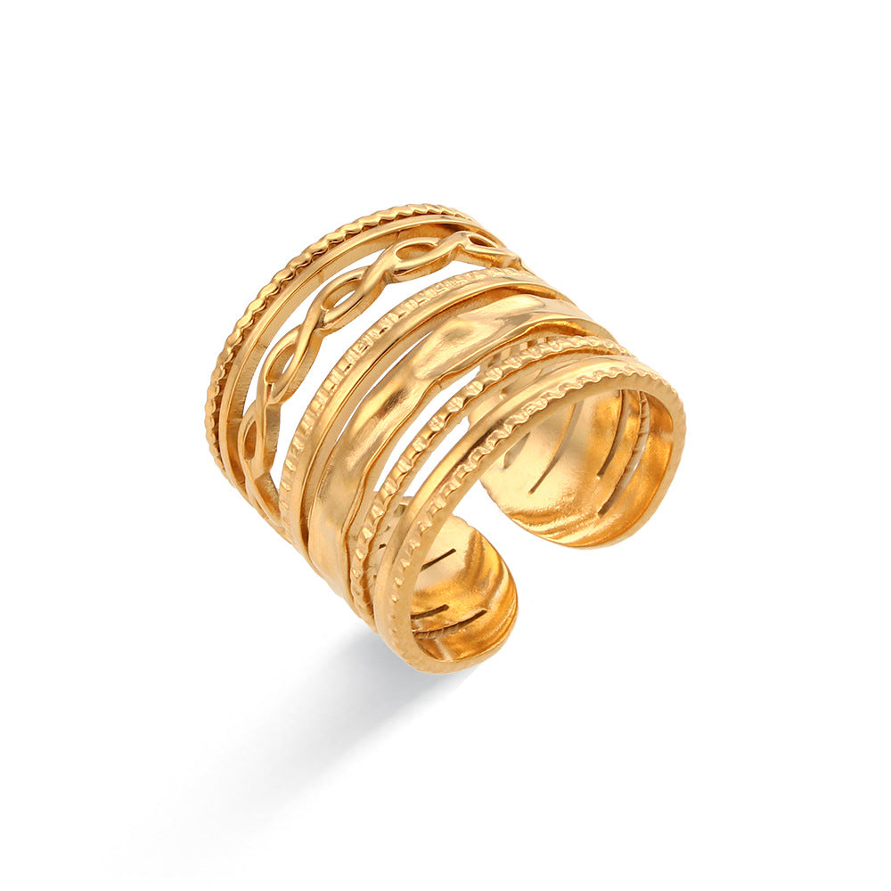 Anillo abierto trenzado de acero inoxidable calado geométrico a la moda para mujer con acabado chapado