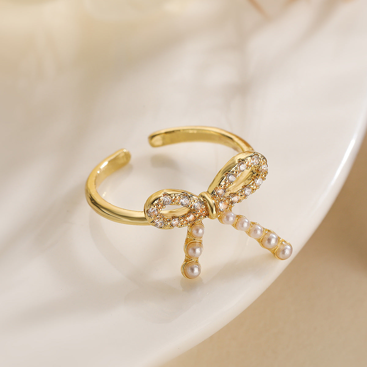 Minimalist Bowknot-Shaped Open Ring for Women Made of Copper with Micro-Pave Zirconia Accents