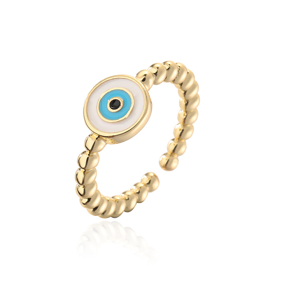 Anello Aperto Geometrico Minimalista da Donna con Base in Rame, Placcatura in Oro 18K e Smalto a Forma di Occhio di Allah