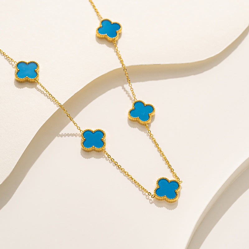 Luxury 18K Gold Plated Titanium Steel Four-Leaf Clover Double-Sided Shell Necklace for Women
