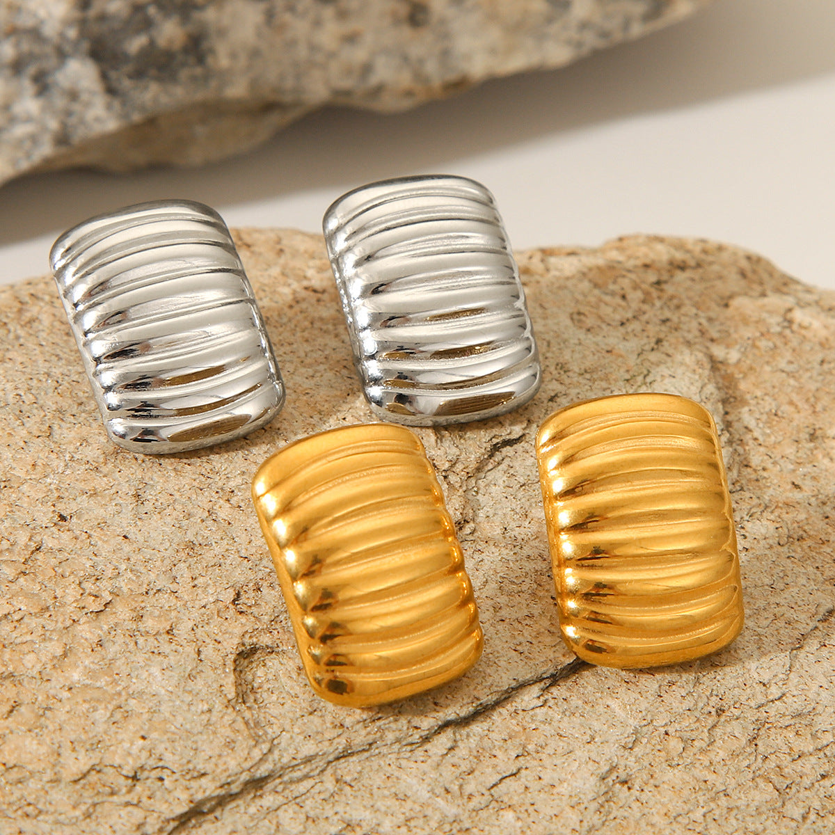 Minimalist Wave-Shaped Titanium Steel Earrings with 18K Gold Plating for Women, Geometric Square Stripe Design, Hypoallergenic Stainless Steel Posts