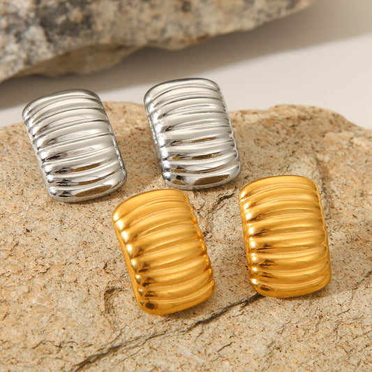 Minimalist Wave-Shaped Titanium Steel Earrings with 18K Gold Plating for Women, Geometric Square Stripe Design, Hypoallergenic Stainless Steel Posts