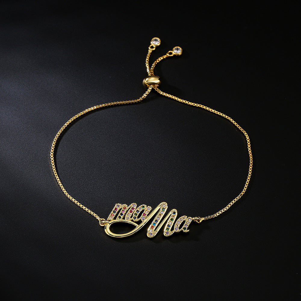 Bracciale da donna MAMA in stile geometrico, in ottone placcato oro con intarsio in zircone, con chiusura a coulisse