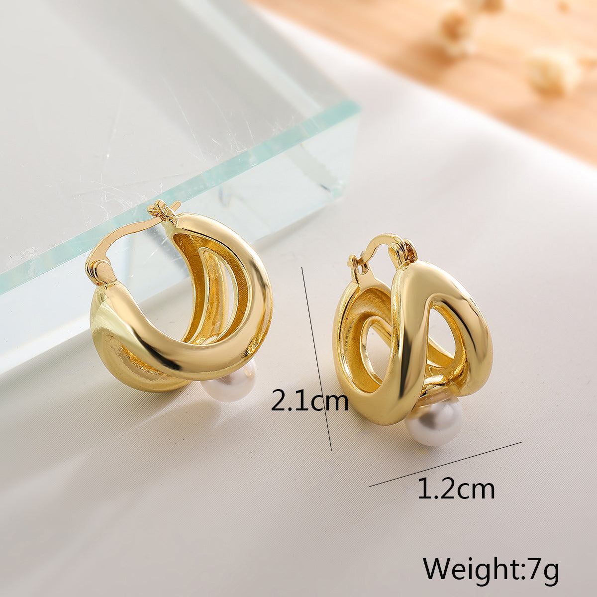 Orecchini da donna in rame geometrici minimalisti vintage con perle microincastonate e placcatura in oro 18 carati