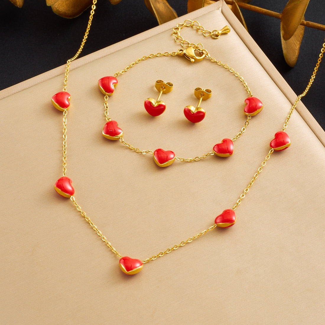 Minimalist Sweet Heart Teardrop Drip Oil Gold Plated Stainless Steel Jewelry Set for Women