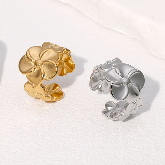 Minimalist Floral Open-Style Stainless Steel Finger Ring with Gold Plating for Women