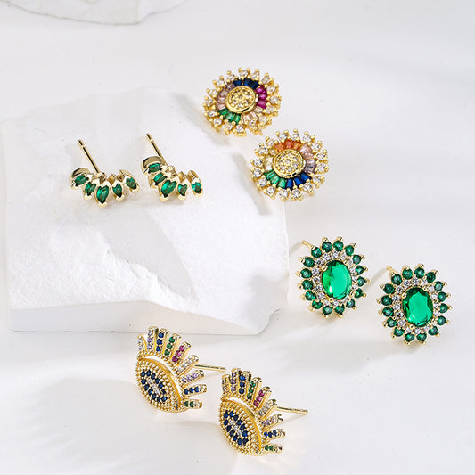 Pendientes de Tachuela Geométricos Minimalistas para Mujer de Cobre con Baño de Oro de 18K y Circonitas Microengastadas
