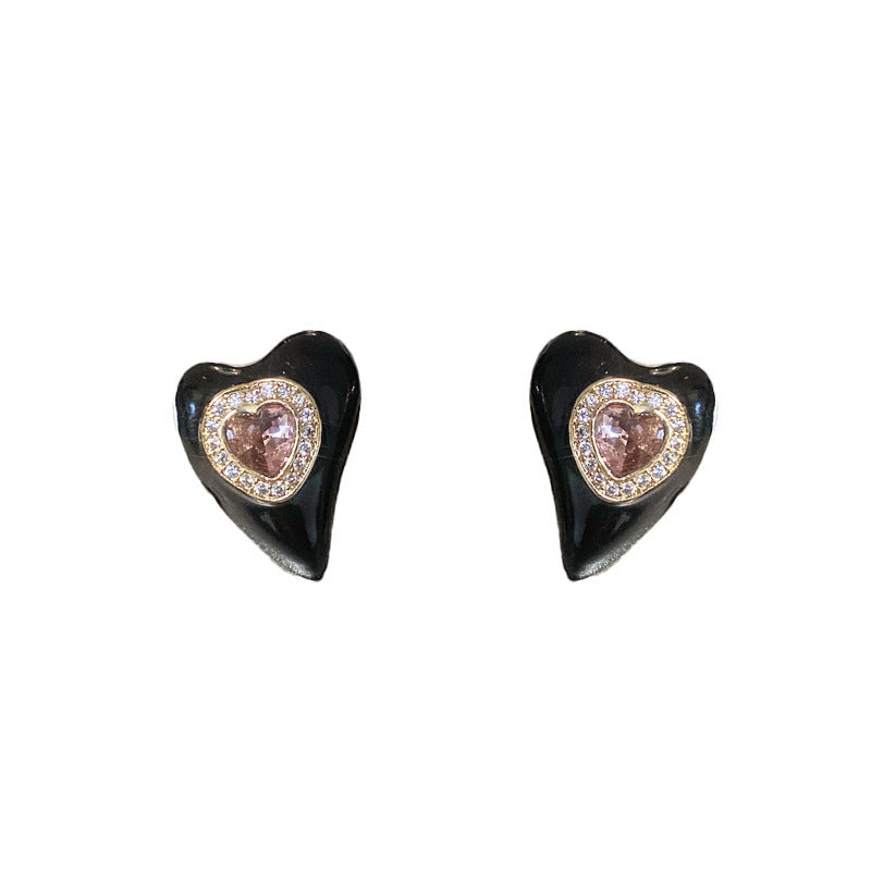 Luxury Style Heart-Shaped Enamel Gold-Plated Silver Needle Earrings for Women with Minimalist Black Accent