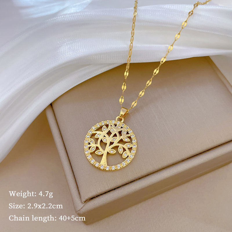 Collana Pendente Albero della Vita di Lusso in Acciaio al Titanio con Intarsio di Zirconi per Donna, Design Geometrico, Delicata Catena alla Clavicola