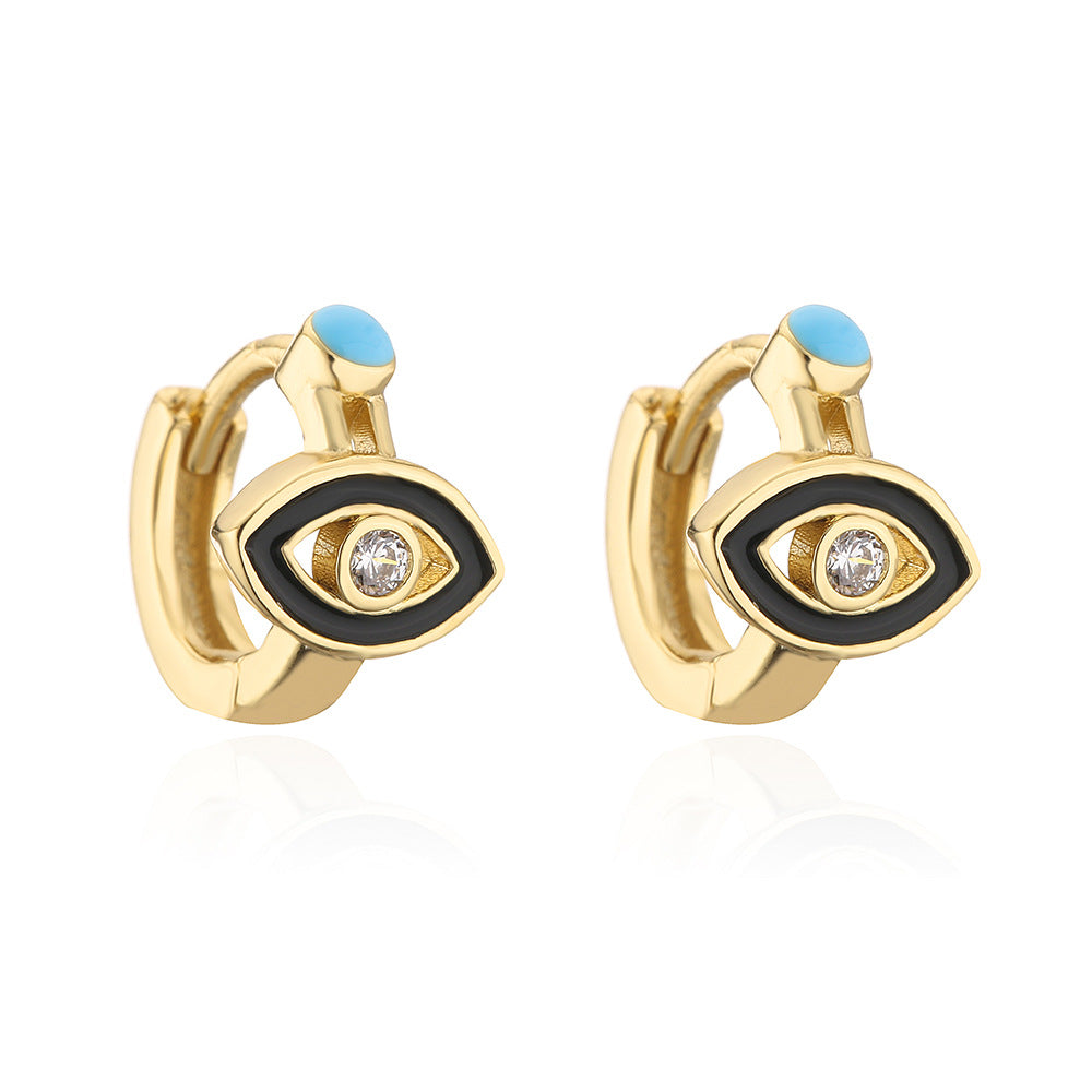 Minimalist Geometric Copper Earrings with 18K Gold Plating and Enamel-Finished Zirconia Eye Accents for Women
