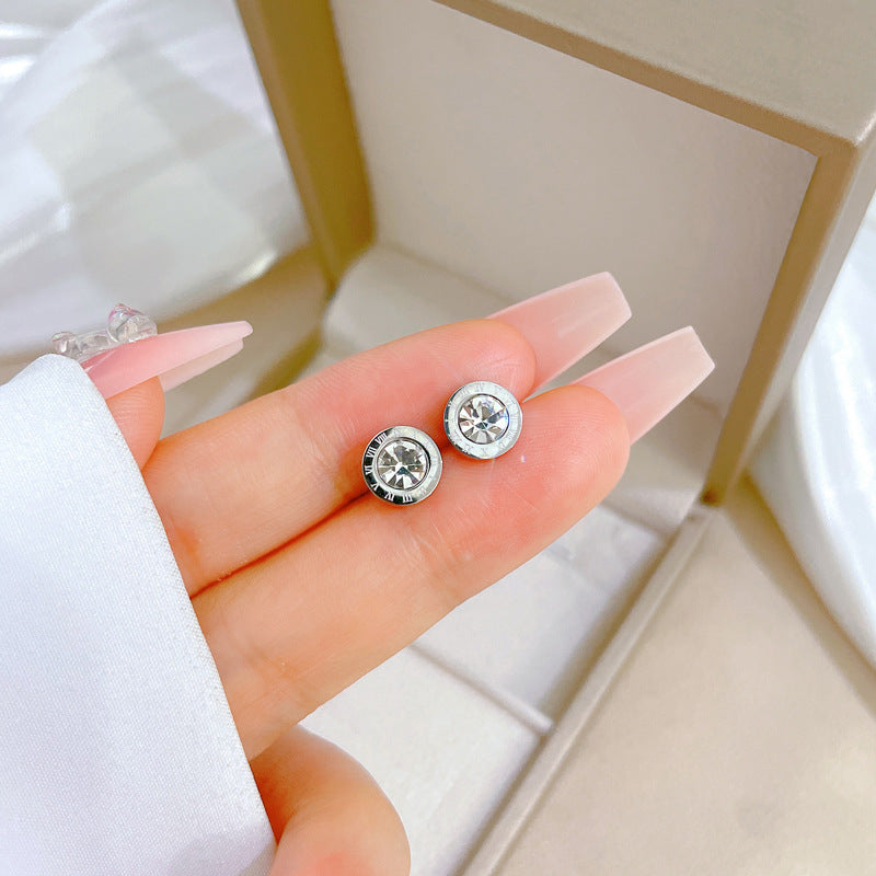 Minimalist Titanium Steel Geometric Stud Earrings with Rhinestone Inlay for Women Formal Occasion