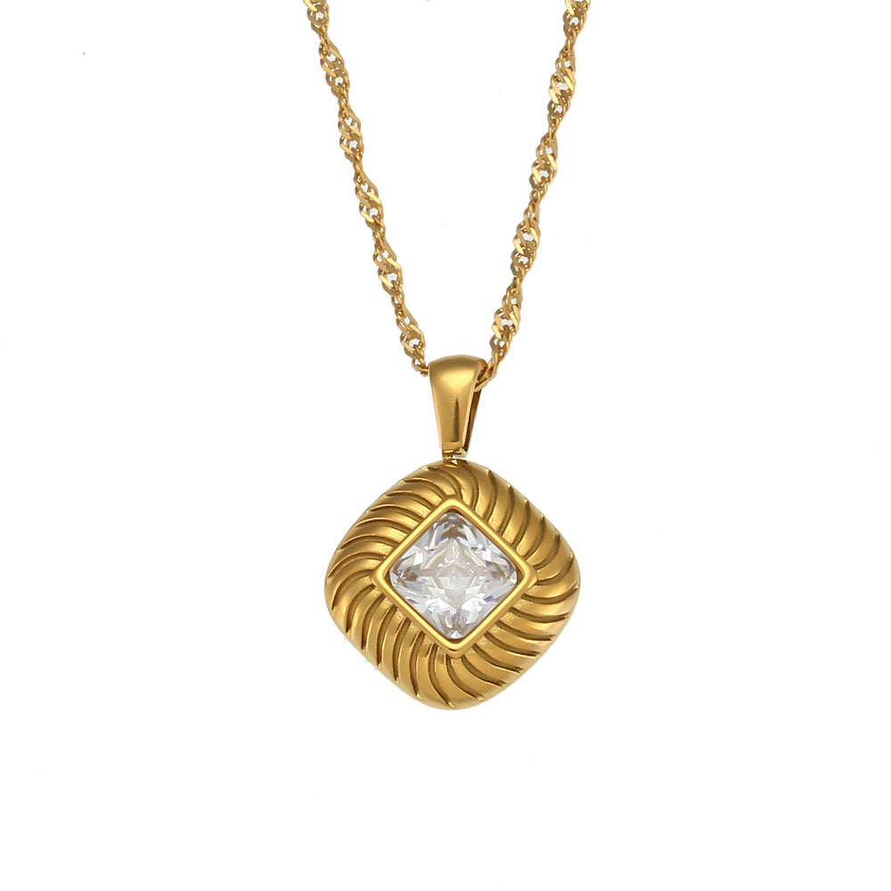Collana con ciondolo in zircone a forma di rombo in acciaio inossidabile retrò minimalista da donna con finitura placcata