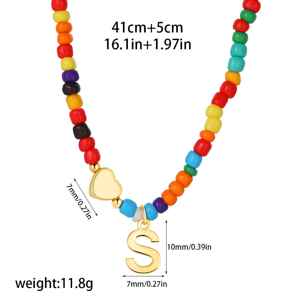 Collana Unisex Casual Placcata Oro 14K con Ciondolo a Cuore Lettera e Perline in Acciaio Inossidabile