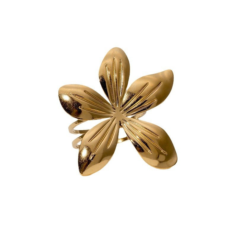 Minimalist Floral Open Ring for Women in Stainless Steel with Gold Plating Elegant Vacation Style