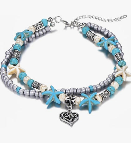 Vintage Alloy Starfish Turtle Anklet Set