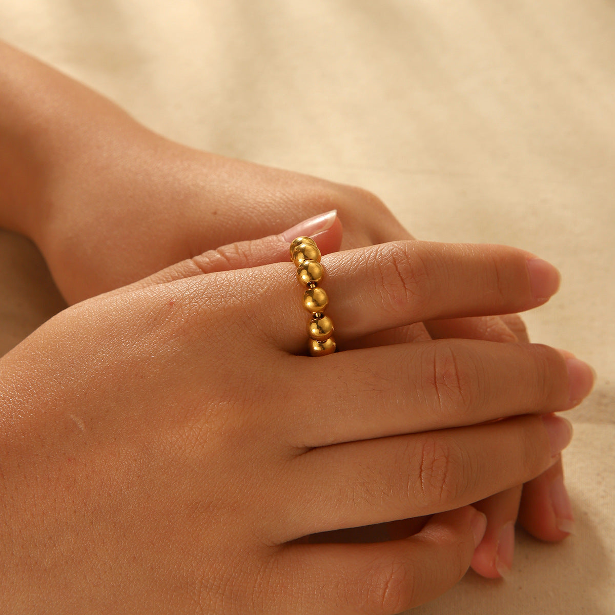 Ins Style Geometric Titanium Steel Open Ring for Women with 18K Gold Plating and Round Bead Detail