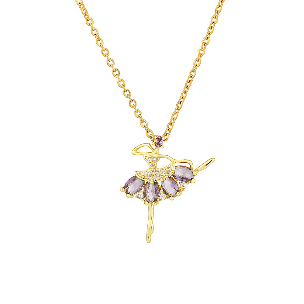 Elegante Collar Colgante de Bailarina de Ballet para Mujer en Cobre con Incrustaciones de Circonita Cúbica en Cadena O-Chain, Cadena de Clavícula de Lujo Minimalista