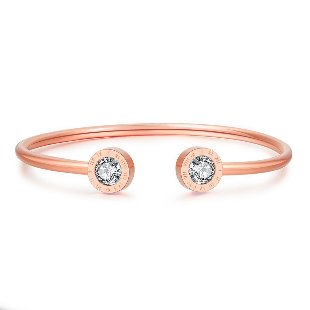 Minimalist Stainless Steel Roman Numeral Open Bangle Bracelet with Zircon Inlay