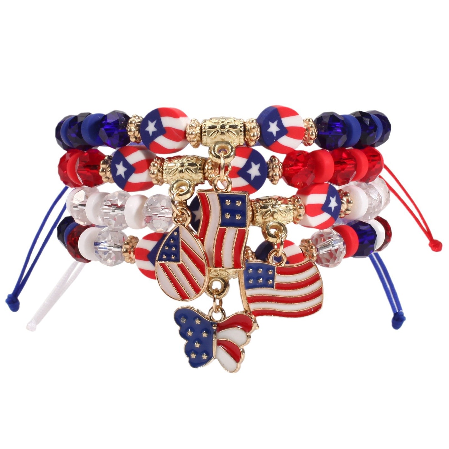 Patriotic American Flag Woven Adjustable Bracelet with Heart Star Butterfly Round Crystal Charms Red White Blue Unisex Jewelry