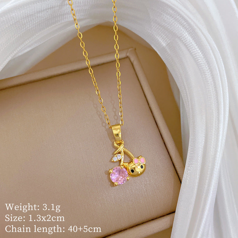 Sweet Cartoon Animal Micro-Inlaid Cubic Zirconia Brass Pendant Titanium Steel Necklace for Unisex