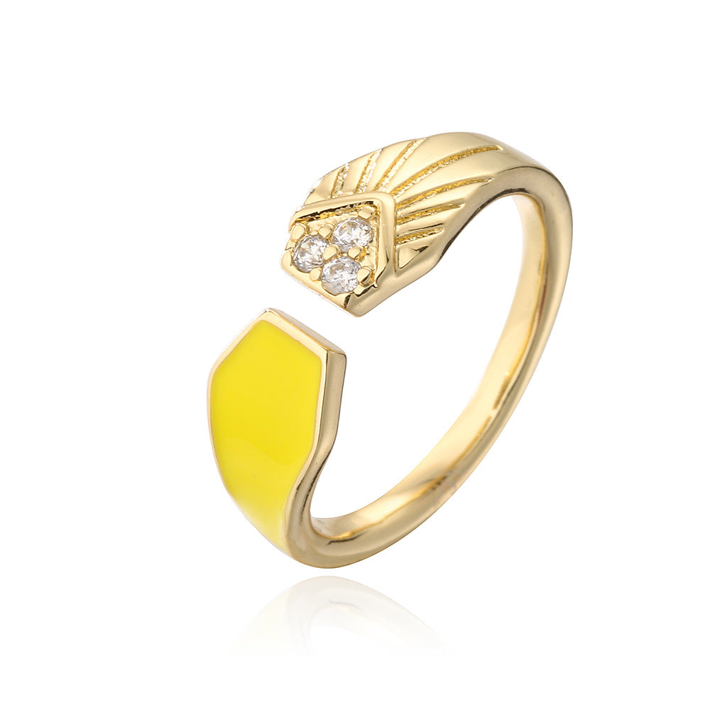Minimalist Geometric Copper Ring with 18K Gold Plating and Colored Enamel Zirconia for Women
